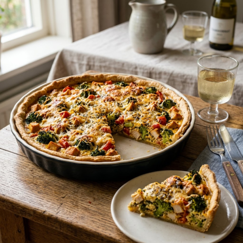 klik voor een grote versie quiche met broccolli en kip (AI)
