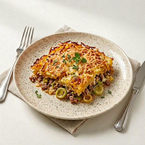 Klik voor een grote versie. rösti ovenschotel met prei en gehakt